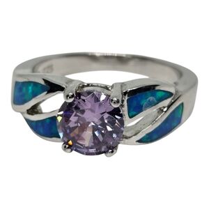 Opal Amethyst Center Stone Elegant 925 Sterling Silver Ring Sz 7